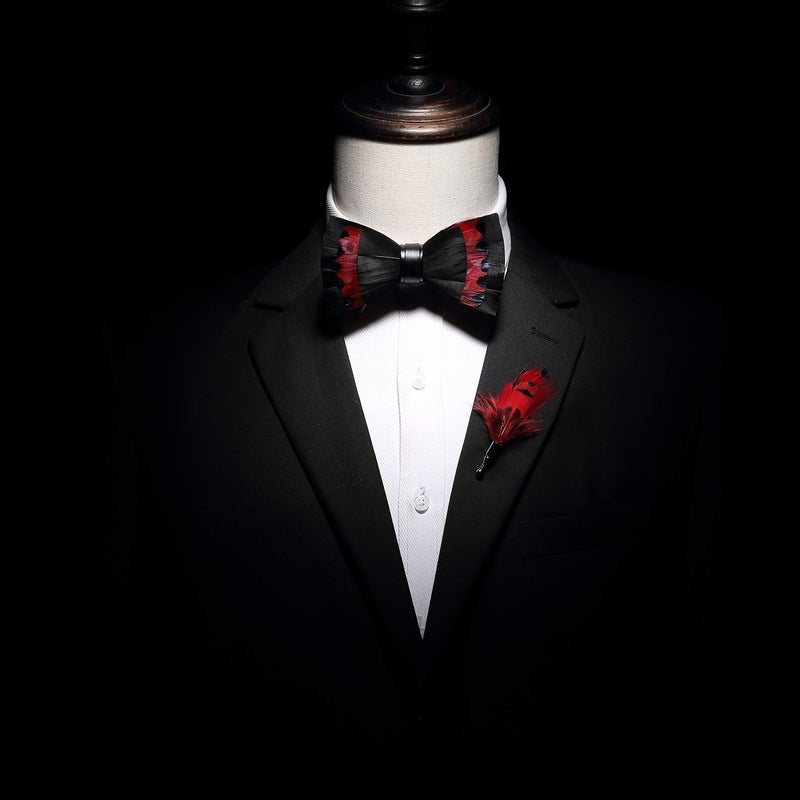 RBOCOTT Handmade Feather Red Black Pre-tied Bow tie and Brooch Sets for Men (20) - Image 2